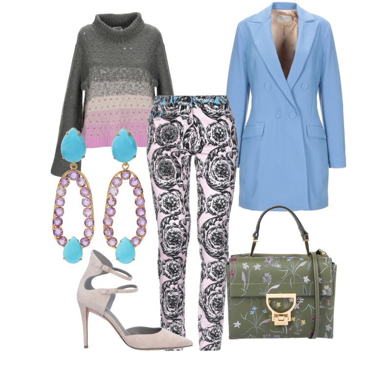 Outfit donna - Fiori romantici in inverno. Stile Bon Ton per Tutti i giorni. Abbinamento con maglioncino fantasia multicolore lavorato a maglia collo a dolcevita a maniche lunghe, pantalone fantasia floreale con zip twill, borsa a tracolla mini con manico fantasia multicolore a scatto in pelle, blazer, orecchini con strass e farfallina, décolleté.