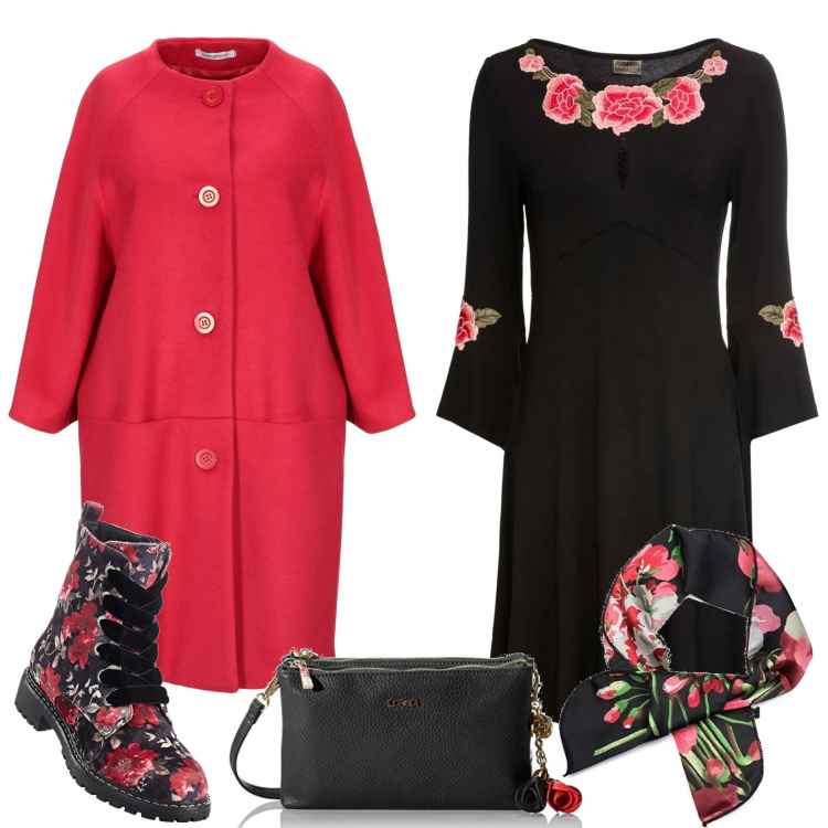 Outfit donna - I fiori sbocciano anche in inverno. Stile Trendy per Serata fuori. Abbinamento con t-shirt, vestiti, cappotto collo tondo a maniche lunghe interno foderato tinta unita, borsa a tracolla, foulard con fiocco fantasia con fasce nero.