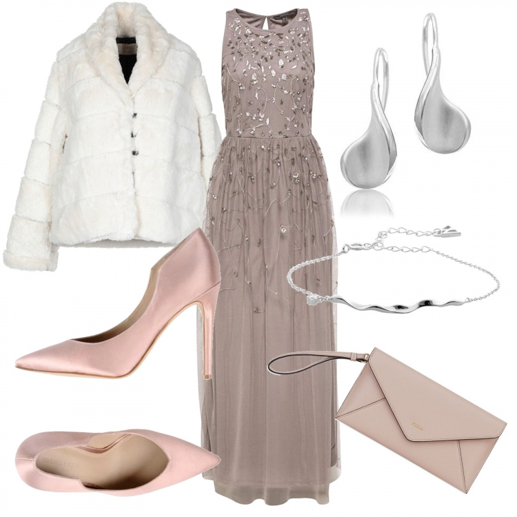 Outfit donna - #weddingday. Stile Chic per Cerimonia. Abbinamento con ecopelliccia, pochette, bracciale con gancio maglia argento, décolleté, vestito contrasto in tulle jersey grigio, orecchini a pendolo argento.