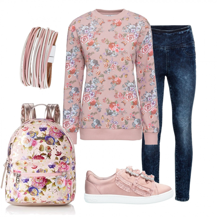 Outfit donna - A scuola in fiore. Stile Urban per Scuola/Università. Abbinamento con felpe, jeans skinny in denim blu, braccialetto, sneakers tennis, zaino.