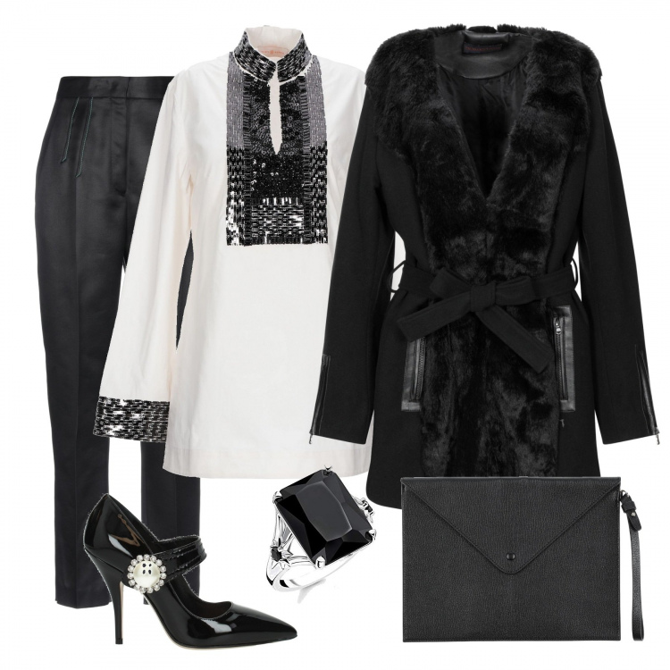 Outfit donna - Matrimonio classico. Stile Chic per Cerimonia. Abbinamento con cappotto, blusa spacchetti laterali fantasia con paillettes collo coreana a maniche lunghe con zip in cotone senza tasche, pantalone a sigaretta vita alta con zip in seta twill, pochette, décolleté effetto vernice nero, anelli.