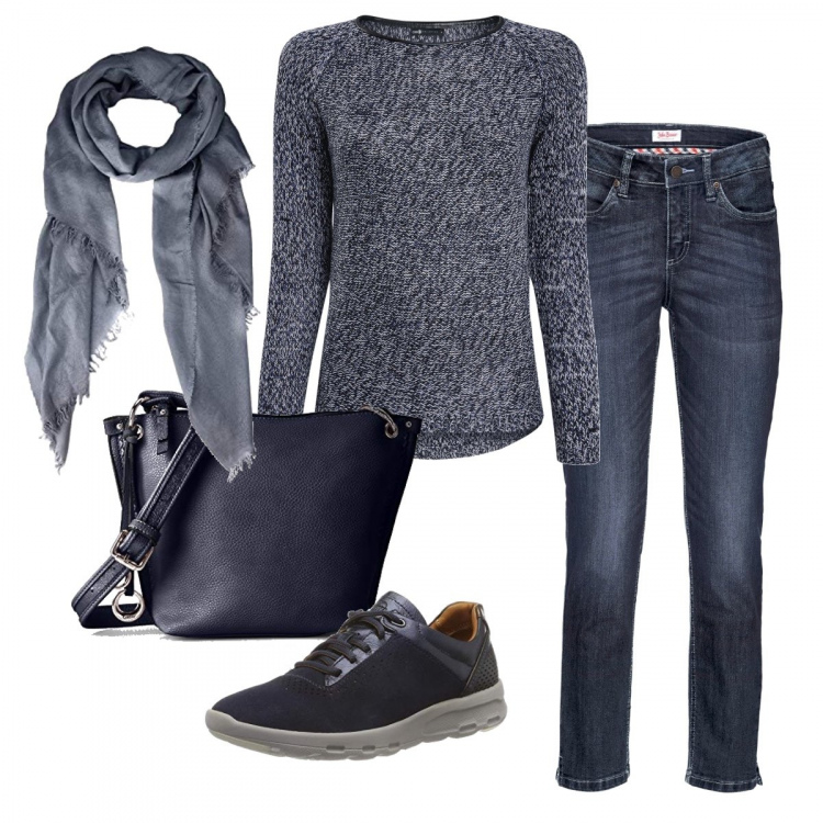 Outfit donna - La spesa mi aspetta. Stile Basic per Tutti i giorni. Abbinamento con jeans, maglione effetto testurizzato con scollo in ecopelle filato blu, sneakers blu, borsa a tracolla, stola.