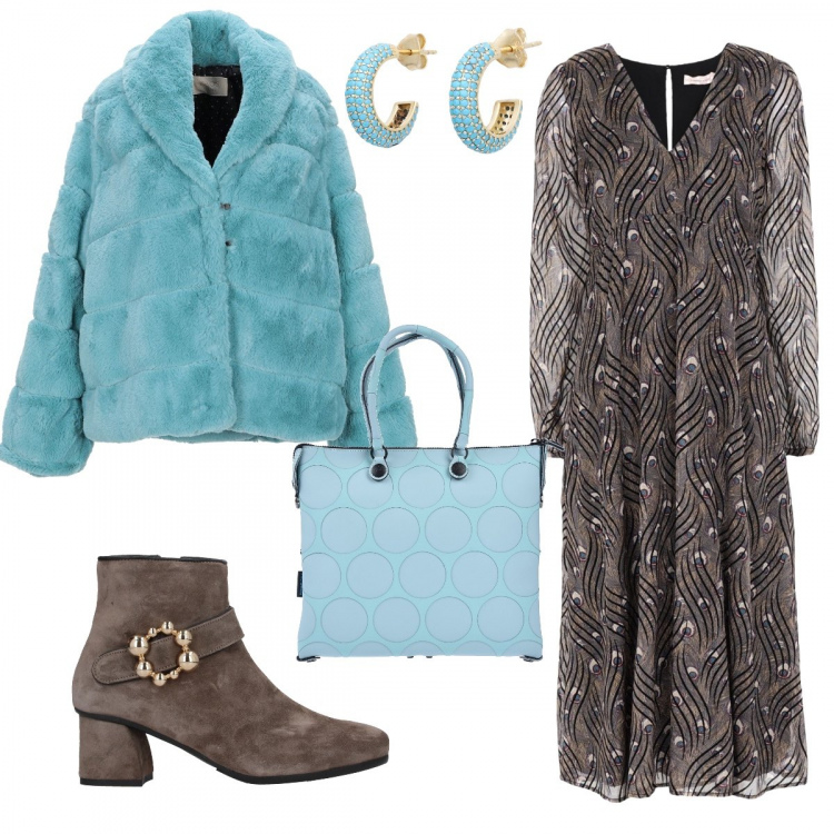 Outfit donna - L’azzurro che non ti aspetti. Stile Chic per Cerimonia. Abbinamento con vestito longuette fantasia multicolore collo a v a maniche lunghe con zip interno foderato in velluto elasticizzato, ecopelliccia, borsa a mano fantasia geometrica taglia media con zip interno foderato in pelle sintetica, stivaletti, orecchini con farfallina argento e oro.