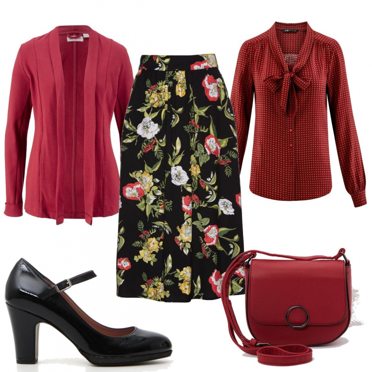 Outfit donna - Bon ton per l’ufficio. Stile Bon Ton per Ufficio. look ideale per Petite. Abbinamento con gonna longuette, costumi interi, borsa a tracolla effetto martellato in ecopelle tinta unita rosso, camicie, décolleté.