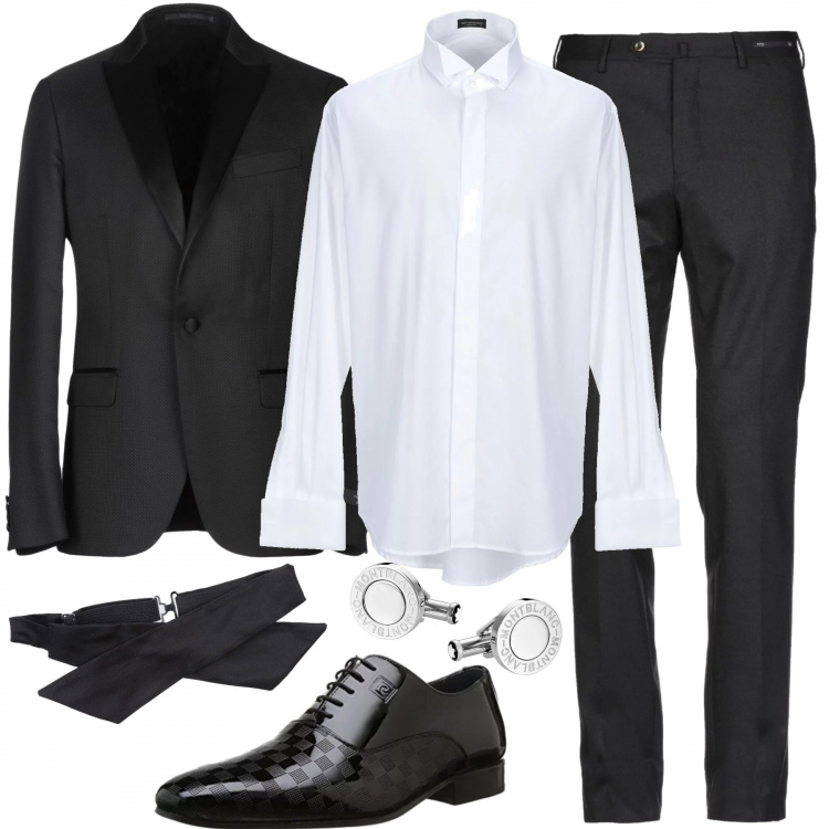 Outfit uomo - Serata di gala al top. Stile Business/Elegante per Cerimonia. Abbinamento con giacca con spacco posteriore collo con revers a maniche lunghe interno foderato in raso tinta unita, camicia, cravatte e papillon in raso tinta unita, pantalone con zip in flanella tinta unita, scarpe stringate nero.