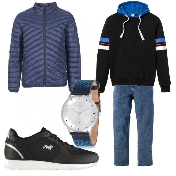 Outfit uomo - Casual #5248. Stile Casual per Tutti i giorni. Abbinamento con jeans dritti, felpa con cappuccio e fasce nero, piumini, orologio blu, sneakers.