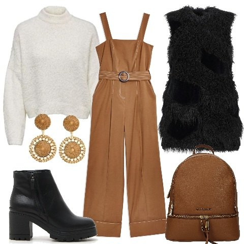 Outfit donna - Trendy #32629. Stile Trendy per Tutti i giorni. Abbinamento con tute, ecopelliccia, zaini, orecchini, stivaletti, felpe.