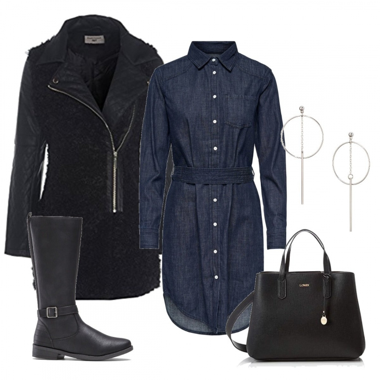 Outfit donna - Denim. Stile Trendy per Tutti i giorni. Abbinamento con stivali, orecchini, vestito corto, cappotto a maniche lunghe nero, borse a secchiello.