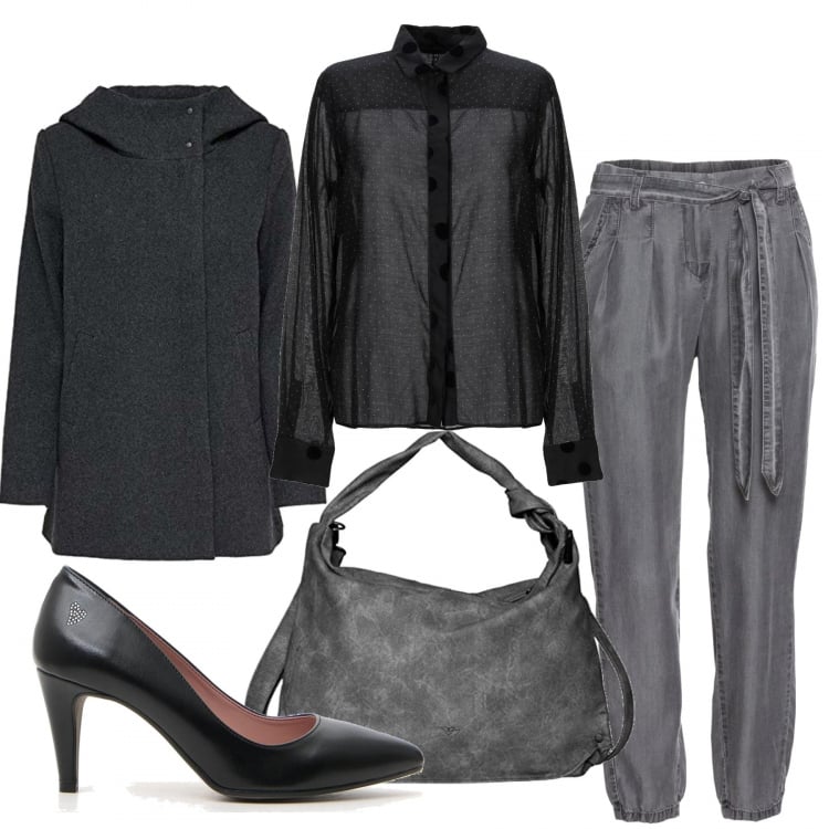 Outfit donna - Trendy #32646. Stile Trendy per Serata fuori. Abbinamento con camicie, pantaloni, cappotto grigio, décolleté, borsa a spalla nero.