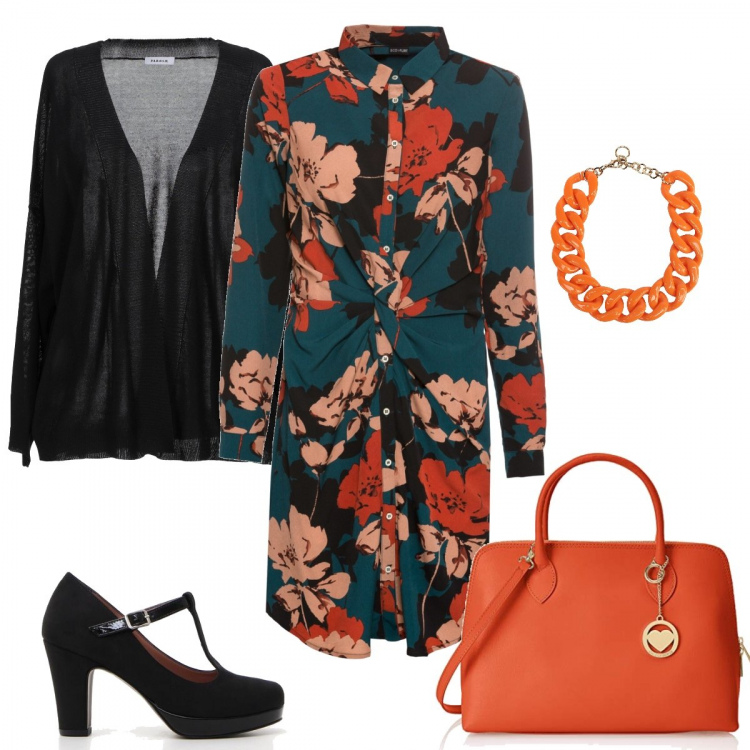Outfit donna - Lunedì Glamour. Stile Bon Ton per Ufficio. Abbinamento con cardigan, collana, vestiti, décolleté con cinturino nero, borse a mano.