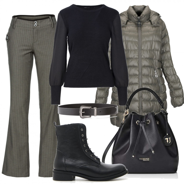 Outfit donna - Il pantalone gessato. Stile Trendy per Tutti i giorni. Abbinamento con vestiti, pantaloni, piumino, maglione nero, stivaletti, borsa a tracolla secchiello nero.