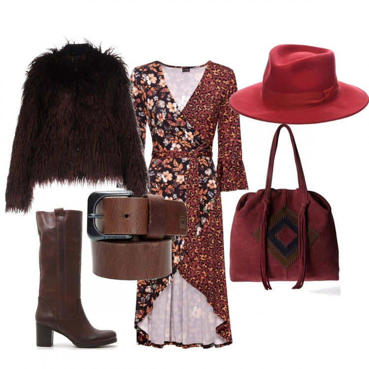 Outfit donna - Cappello rosso. Stile Etnico per Serata fuori. Abbinamento con maglieria, giubbotto, cinture, stivali e anfibi, cappelli, borse a mano.