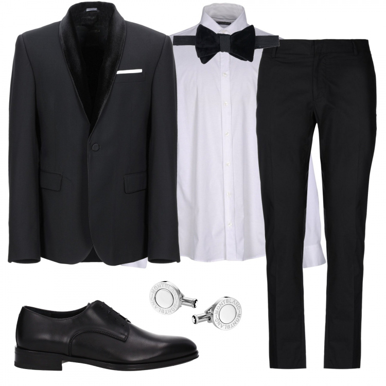 Outfit uomo - Serata chic. Stile Business/Elegante per Serata speciale. Abbinamento con giacche, cravatte e papillon in velluto tinta unita, pantaloni, camicia, scarpe stringate.