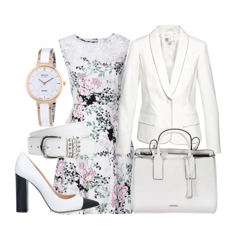 Outfit donna - Come una bambolina. Stile Bon Ton per Cerimonia. Abbinamento con cinture, sneakers, blazer con strass bianco, décolleté, borse, orologio con cinturino.