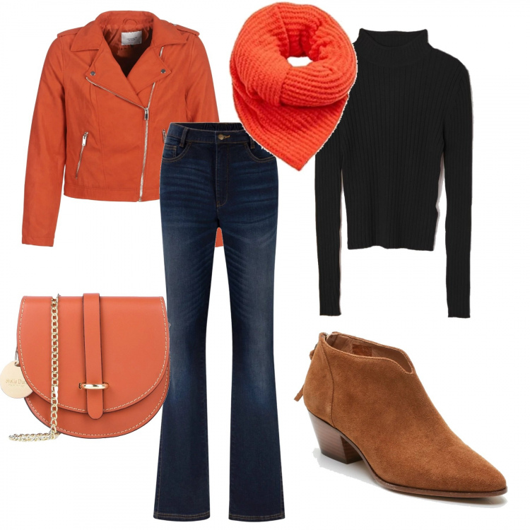 Outfit donna - Saturday afternoon. Stile Urban per Tutti i giorni. Abbinamento con jeans bootcut, borsa a tracolla petit interno sfoderato tinta unita, maglia a coste nero, giacche, stivaletti effetto scamosciato con zip in pelle marrone, sciarpa arancione.