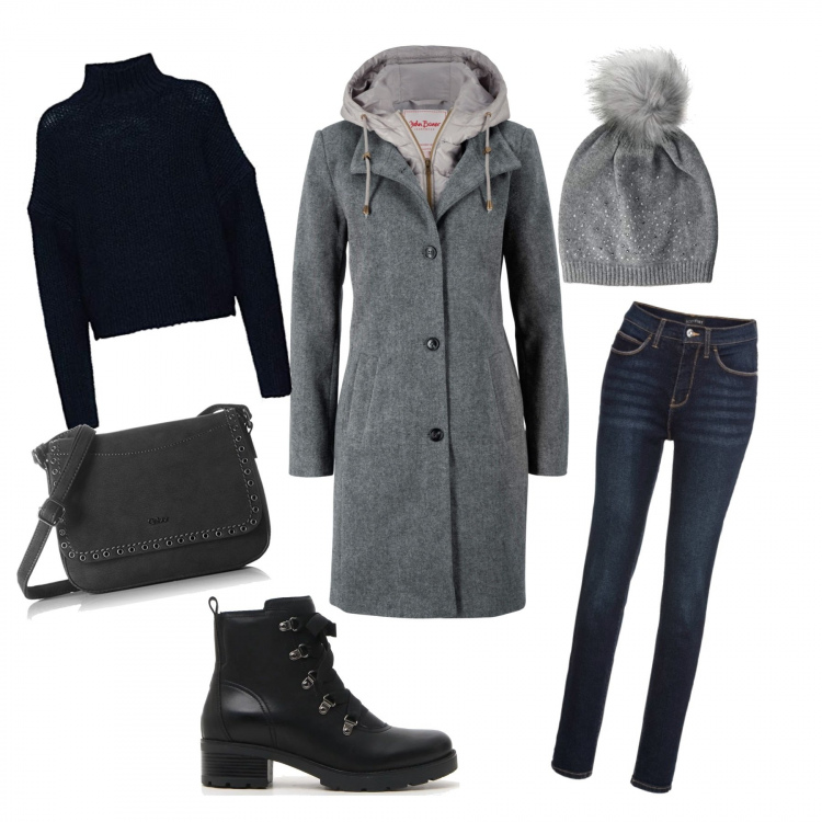 Outfit donna - Winter is coming. Stile Rock per Tutti i giorni. Abbinamento con cappotti, jeans slim fit, stivaletti, pullover, berretto, borsa a tracolla.