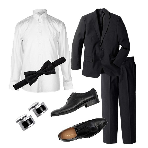 Outfit uomo - Serata di gala. Stile Business/Elegante per Cerimonia. Abbinamento con giacche, pelliccia stringate con tacco squadrato interno foderato con punta tonda in pelle tinta unita, camicie, papillon, gemelli nero.