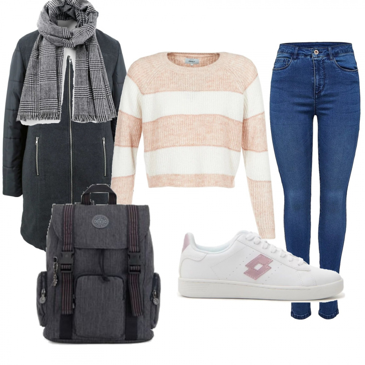Outfit donna - University. Stile Urban per Scuola/Università. Abbinamento con vestiti chemisier, sciarpe, maglione bianco, jeans skinny, sneakers, zaino con fibbia grigio.