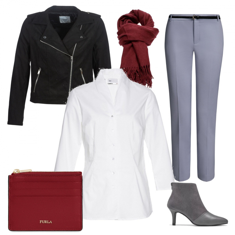Outfit donna - Monday style. Stile Urban per Ufficio. Abbinamento con camicie, tronchetti con zip grigio, portadocumenti con zip interno foderato in pelle tinta unita, blazer, sciarpa rosso, pantalone con cintura blu.