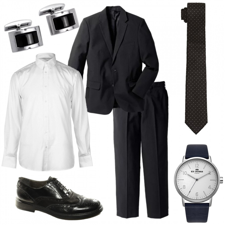 Outfit uomo - Business/Elegante #1294. Stile Business/Elegante per Serata speciale. Abbinamento con giacche, scarpe elegant nero, cravatte e papillon taglia unica nero, orologi, camicie, gemelli nero.