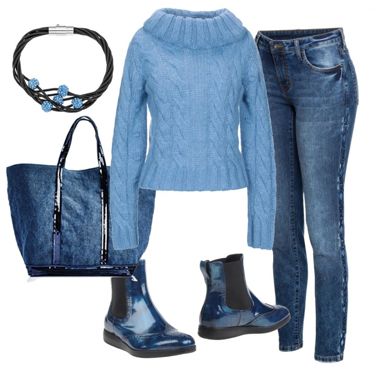 Outfit donna - Maglione con collo. Stile Basic per Tutti i giorni. Abbinamento con jeans skinny, maglioncino a trecce lavorato a maglia collo a dolcevita a maniche lunghe taglia media in mohair tinta unita, stivaletti chelsea, borse tote, bracciale blu.