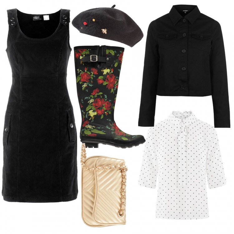 Outfit donna - Quando piove. Stile Urban per Tutti i giorni. Abbinamento con cappelli e berretti, vestiti corti, borse a tracolla, stivali, camicetta con laccetti aderente bianco, blazer.
