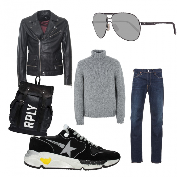 Outfit uomo - Di corsa. Stile Urban per Tutti i giorni. Abbinamento con sneakers con logo frontale oro e nero, jeans slim fit, pullovers, giacca nero, occhiali da sole nero, zaino nero.