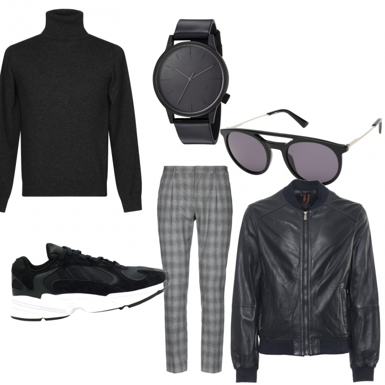 Outfit uomo - Casual black. Stile Urban per Tutti i giorni. Abbinamento con occhiali da sole montatura in plastica, maglie e cardigan melange lavorato a maglia collo a dolcevita a maniche lunghe tinta unita, sneakers tennis, pantalone a sigaretta a quadri con zip in flanella con gancetto, orologi, giubbotto blu.