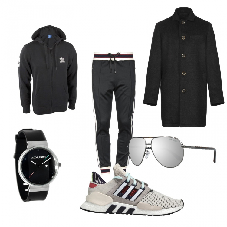 Outfit uomo - Comodamente trendy. Stile Trendy per Tutti i giorni. Abbinamento con giacca, cappotto collo con revers a maniche lunghe interno foderato tinta unita, sneakers tennis, pantalone con bande laterali e coulisse jersey, occhiali da sole.