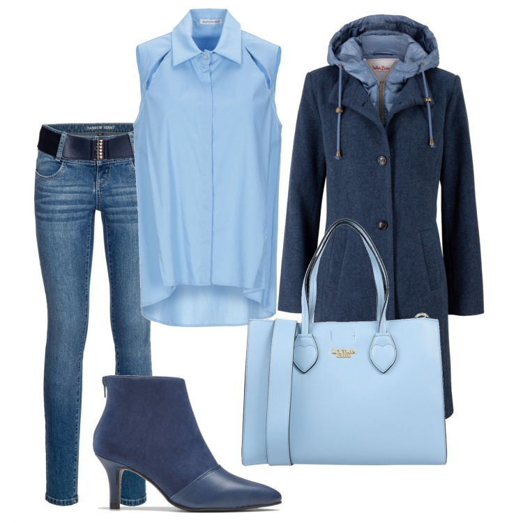 Outfit donna - Trendy #32769. Stile Trendy per Tutti i giorni. Abbinamento con cappotti, jeans skinny, stivaletti, borsa a mano taglia media doppio manico interno sfoderato in pelle sintetica tinta unita, camicia.