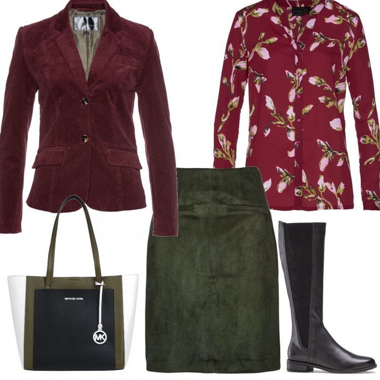 Outfit donna - Una gonna x la stagione f.#curvy style. Stile Urban per Ufficio. Abbinamento con borse a spalla, reggiseni, maglieria, stivali sopra il ginocchio, blazer in velluto rosso.