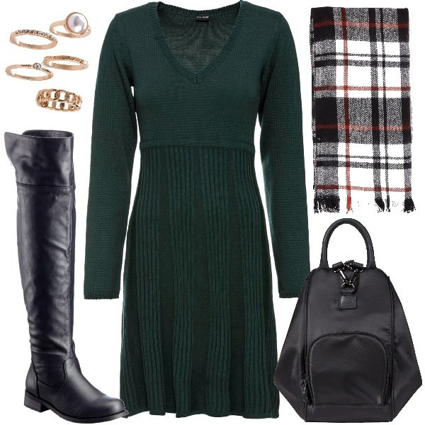 Outfit donna - Prof. in classe. Stile Basic per Scuola/Università. Abbinamento con vestiti, stivali sopra il ginocchio, zaino, berretti, sciarpa fantasia con frange nero.