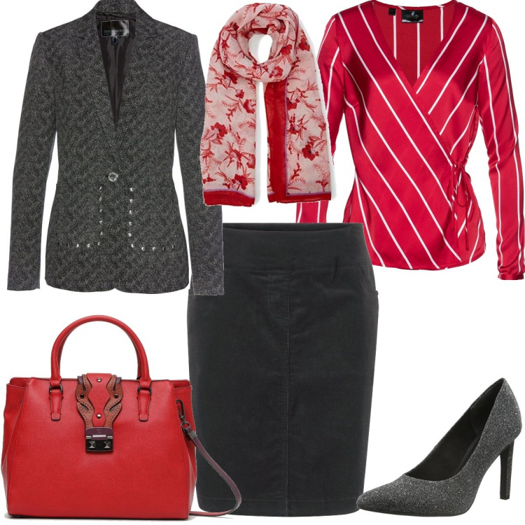 Outfit donna - Una gonna x inverno #curvy&plus size. Stile Urban per Ufficio. Abbinamento con gonne, blazer nero, camicetta, borsa a tracolla rosso, scarpa col tacco, sciarpa lunga.