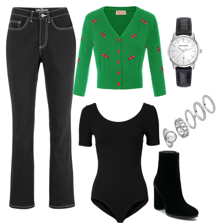 Outfit donna - Voglia di estate anche a novembre. Stile Bon Ton per Tutti i giorni. Abbinamento con body, jeans bootcut in denim elasticizzato nero, bikini, maglia con bottoni, tronchetti effetto scamosciato con zip interno in tessuto con punta tonda in velluto nero, orologi.