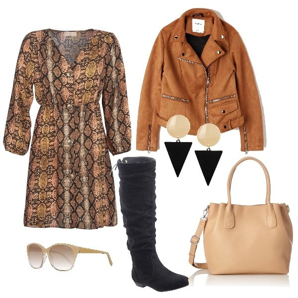 Outfit donna - Caldi colori. Stile Trendy per Tutti i giorni. Abbinamento con stivali, orecchini, vestiti corti, borsa a mano beige, occhiali da sole.
