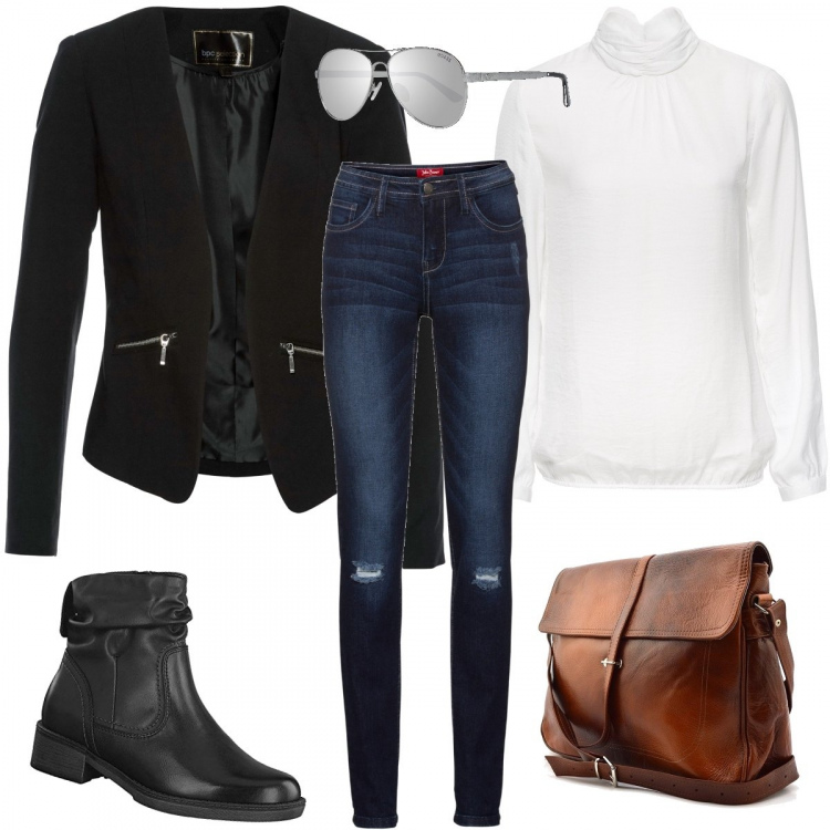 Outfit donna - Easy. Stile Basic per Scuola/Università. Abbinamento con blazer, bluse, vestiti, borsa a tracolla marrone, stivaletti, occhiali da sole argento.