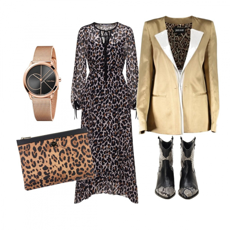 Outfit donna - Passerella al festival di venezia. Stile Bon Ton per Cerimonia. Abbinamento con pochette fantasia con zip interno foderato in tessuto tecnico, vestito lungo con fiocco e stampa con ruches rosa, giacca, stivaletti nero e bianco, orologio analogico.