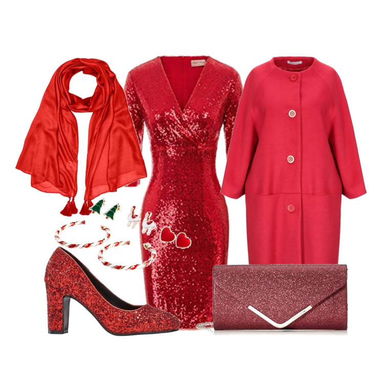Outfit donna - Pranzo di natale. Stile Chic per Cerimonia. Abbinamento con cappotto collo tondo a maniche lunghe interno foderato tinta unita, costumi interi, décolleté, vestito, sciarpe, clutch bordeaux.