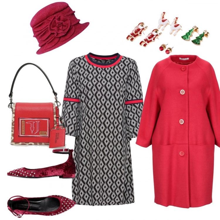 Outfit donna - Pranzo di Natale in famiglia. Stile Bon Ton per Serata fuori. look ideale per Petite. Abbinamento con vestiti, orecchini, cappotto collo tondo a maniche lunghe interno foderato tinta unita, ballerine con borchie senza tacco con cinturino a punta in velluto tinta unita, cappelli, borsa a tracolla rosso e multicolore.