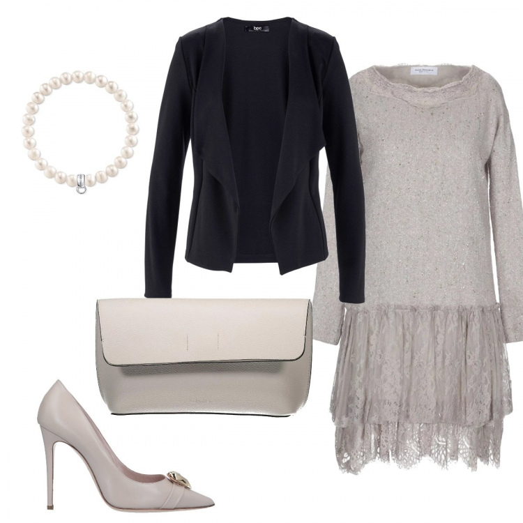Outfit donna - Vestito con balze in pizzo. Stile Basic per Serata fuori. Abbinamento con blazer, vestiti corti, décolleté a punta tinta unita, bracciale con charm, pochette.