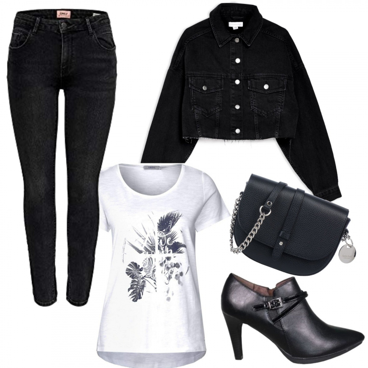Outfit mujer - Noche de concierto. Estilo Rock para Noche/Fiesta elegante. Combinación con maglietta bianco, vaqueros nero, botas, borsa a tracolla, giubbino in denim.
