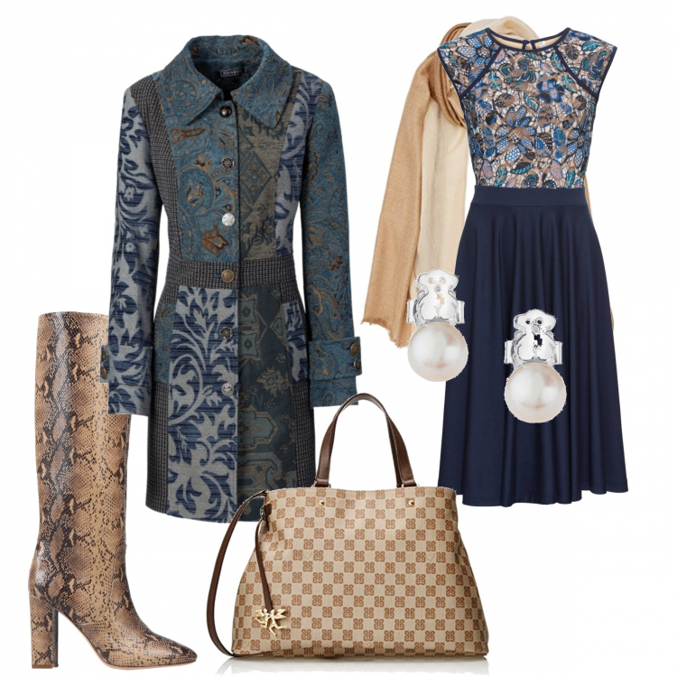 Outfit donna - Patch blu e sabbia. Stile Trendy per Tutti i giorni. Abbinamento con vestiti midi/longuette, cappotti, orecchini con perle e farfallina argento, stivali, stola beige, borse a mano.
