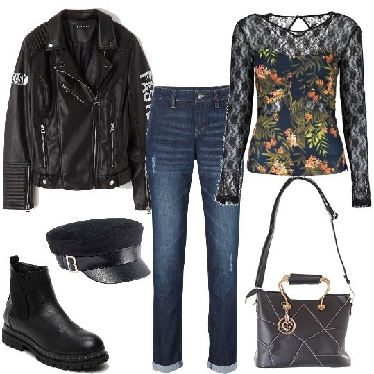 Outfit donna - Texture fw20: ecopelle. Stile Rock per Tutti i giorni. Abbinamento con jeans boyfriend, berretti, giubbino in ecopelle tinta unita nero, maglia con pizzo e scollo a maniche lunghe nero, stivaletti con zip e punta tonda in ecopelle nero, borsa a tracolla.