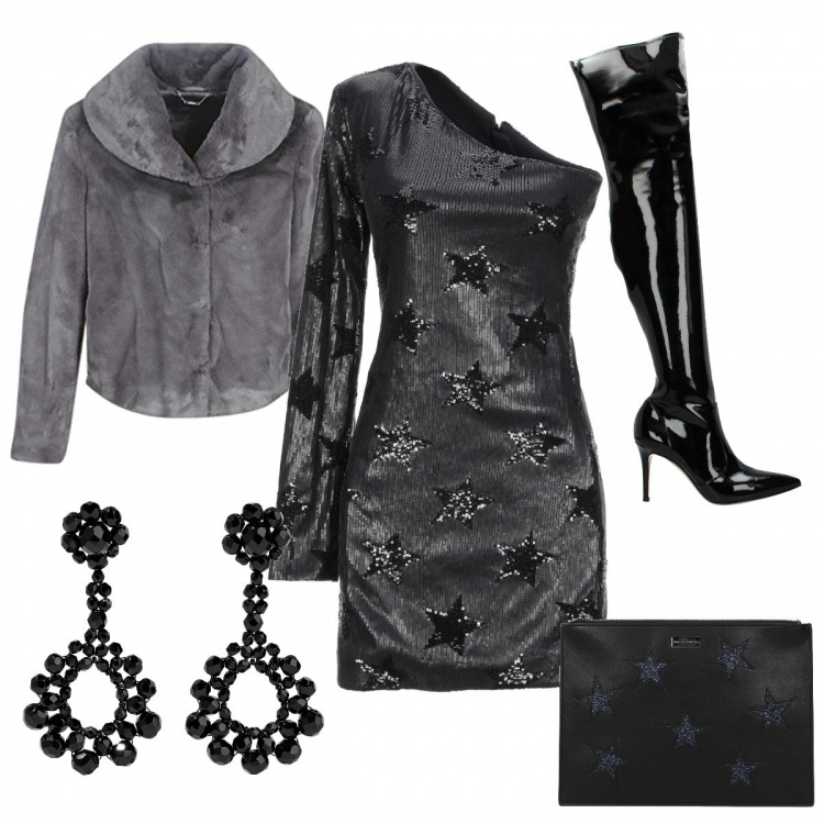 Outfit donna - Vestita di stelle. Stile Sexy per Serata fuori. Abbinamento con vestiti corti, orecchini, pochette, stivali effetto vernice nero, giacca.