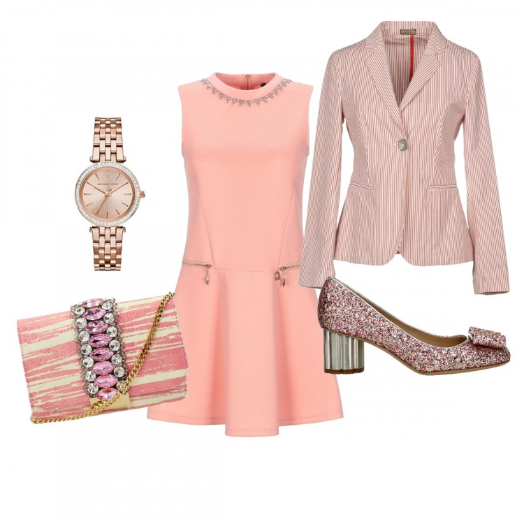 Outfit donna - Dolce e romantica allo stesso tempo. Stile Bon Ton per Serata fuori. Abbinamento con vestiti corti, giacca, décolleté, pochette con strass motivo serpente con perline e tracolla removibile rosa.