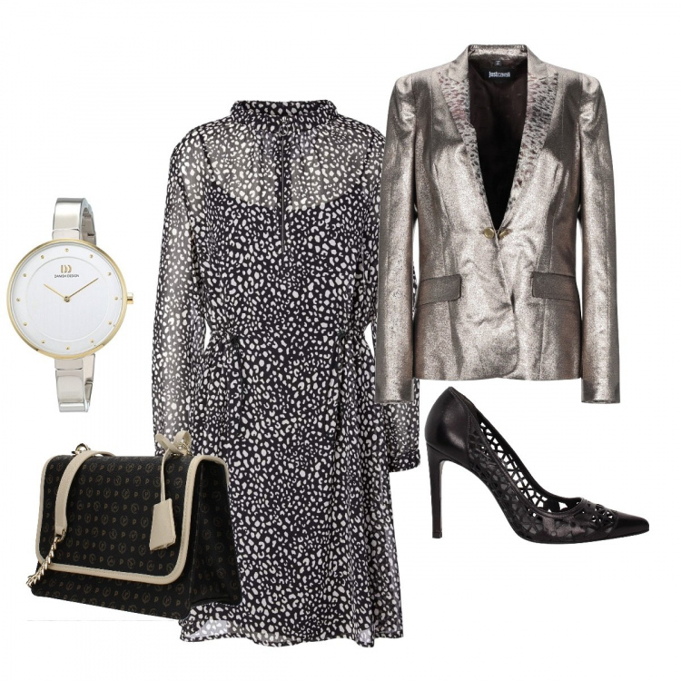 Outfit donna - In dolce compagnia. Stile Bon Ton per Serata fuori. Abbinamento con giacca effetto laminato a maniche lunghe interno foderato jacquard, borsa a mano con manico nero, décolleté, vestito, orologi.