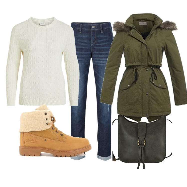 Outfit donna - Casual invernale. Stile Basic per Tutti i giorni. Abbinamento con jeans boyfriend, borsa a tracolla, stivaletti, maglione bianco, parka.
