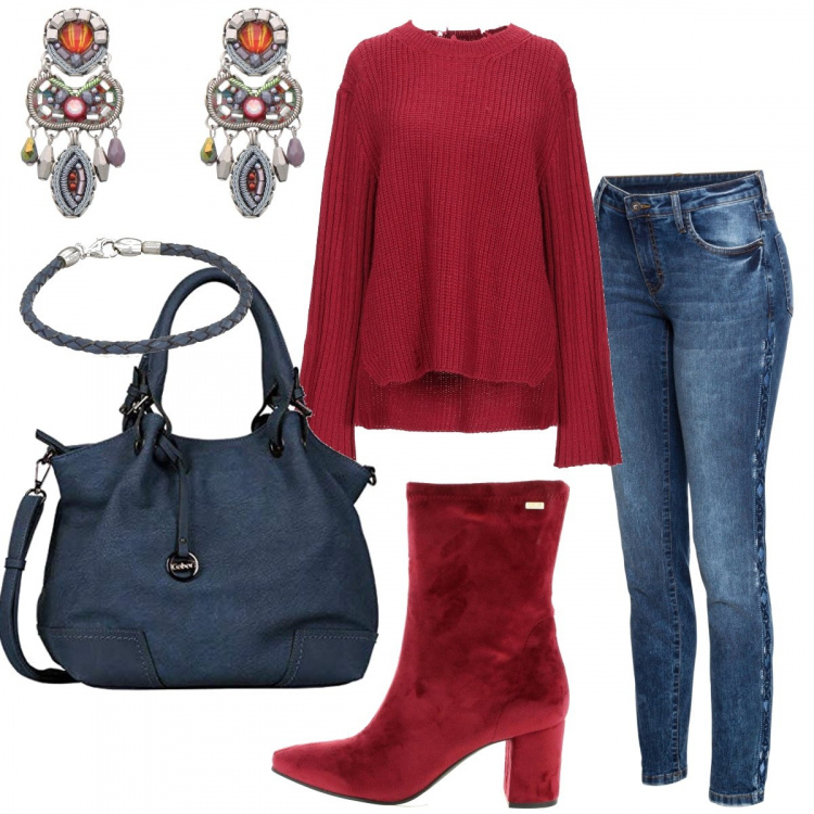 Outfit donna - Stivaletti rossi. Stile Basic per Tutti i giorni. Abbinamento con jeans skinny, pullover lavorato a maglia collo tondo a maniche lunghe tinta unita, orecchini con perline in ottone, stivali, borsa a spalla blu, braccialetti.
