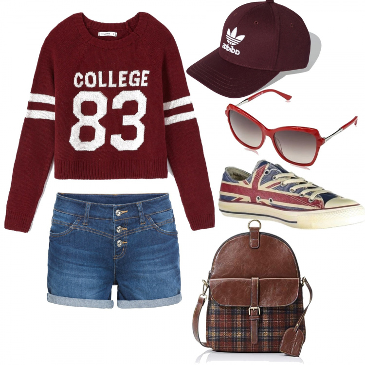 Outfit donna - USA. Stile Basic per Scuola/Università. Abbinamento con shorts, maglione, sneakers, cappello baseball rosso, zaini, occhiali da sole rosso.