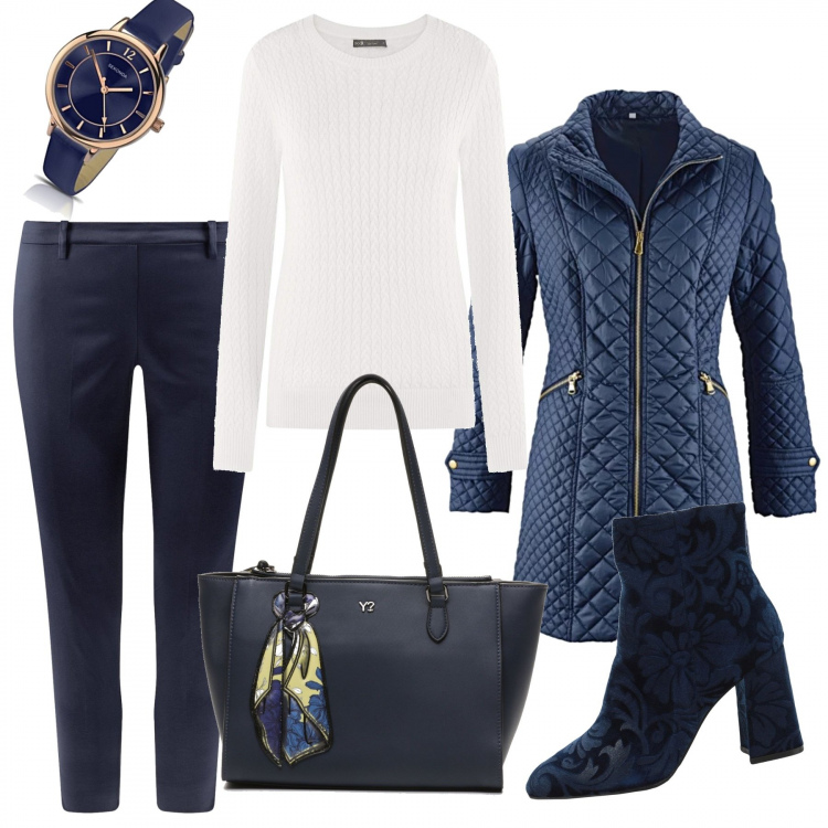 Outfit donna - Free time. Stile Basic per Tutti i giorni. Abbinamento con blazer, stivaletti fantasia floreale con tacco squadrato e zip con punta tonda in velluto, pantaloni, borsa a mano con zip blu, maglione, orologi analogici.